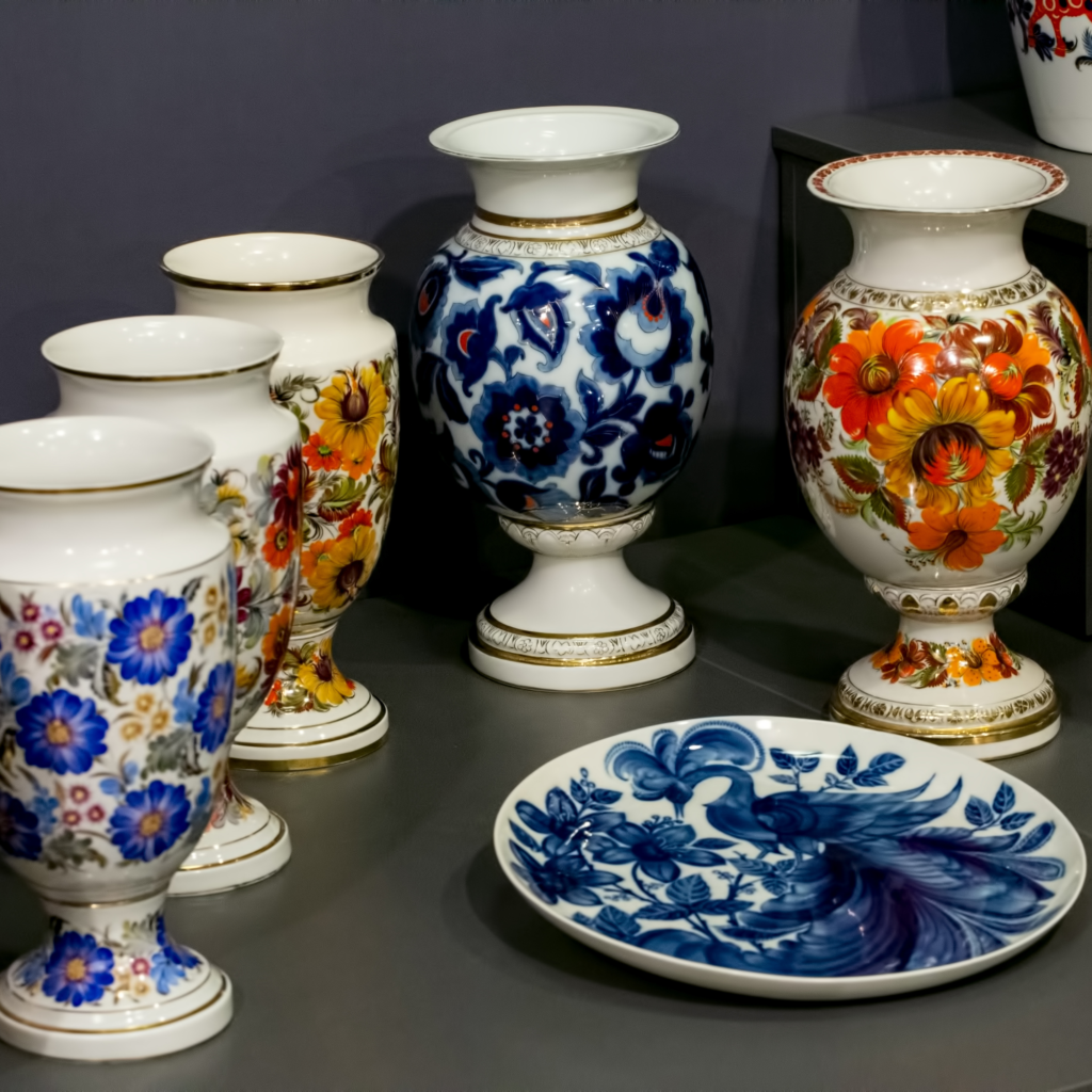 Assiettes et vases en porcelaine et faïence ancienne décorés à la main, présentés sur une étagère
