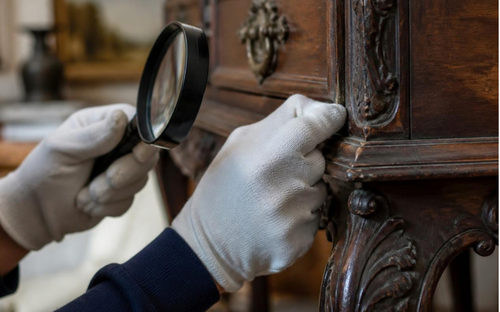 Mains d’antiquaire examinant le bois et les assemblages d’un meuble ancien