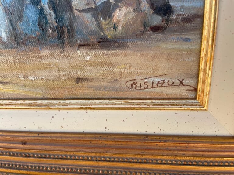 Paysage peint, cadre doré à la feuille