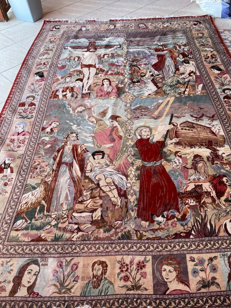Tapisserie ancienne tissée à sujet religieux représentant une scène biblique